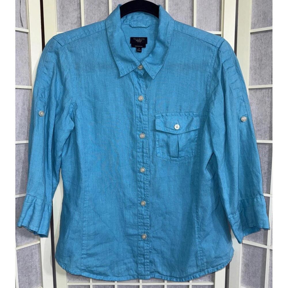 Talbots Petites 100% Pure Irish Linen Quiet Luxury Button Up Pocket Blouse Top S
